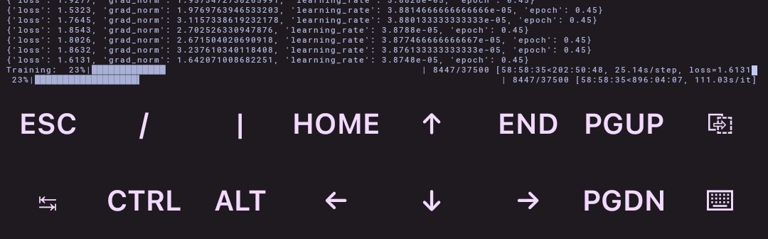 Termux terminal showing Yuuki training at 8447/37500 steps with loss 1.6131